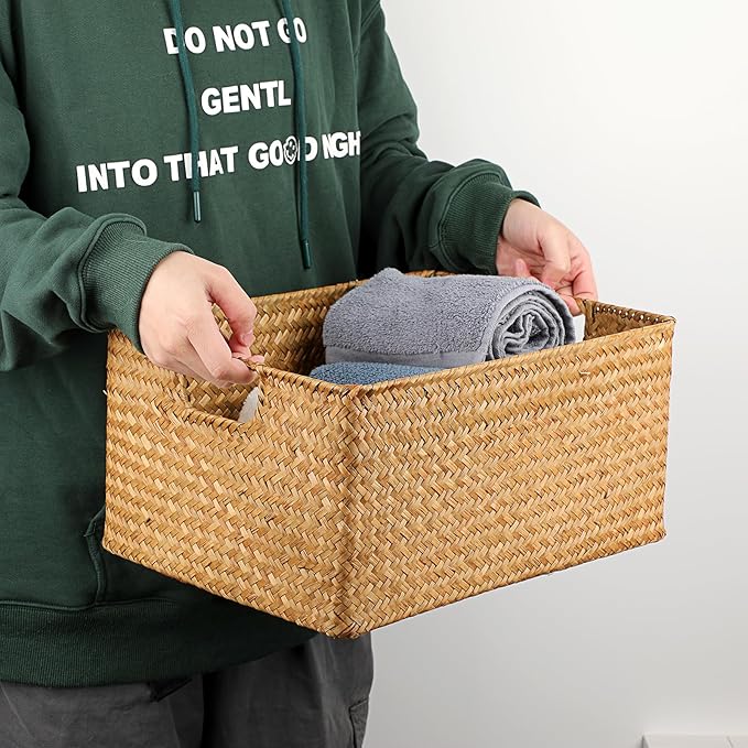 Hipiwe Seagrass Storage Baskets Bin for Shelf Handwoven Wicker Baskets Built-in Handles Rectangular Closet Bedroom Organizer Box Multipurpose Woven Basket Bins,14.6"x 10.6"x 7.1"