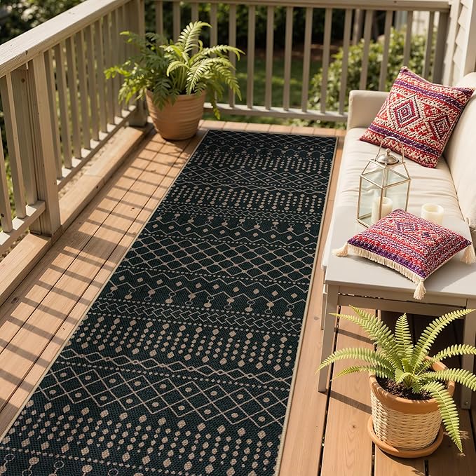 Lahome Moroccan Easy Jute Washable Runner Rug, 2x8 Non Slip Kitchen Runner Rug, Black Geometric Print Distressed Inside Entryway Runners for Hallways Laundry Room Foyer
