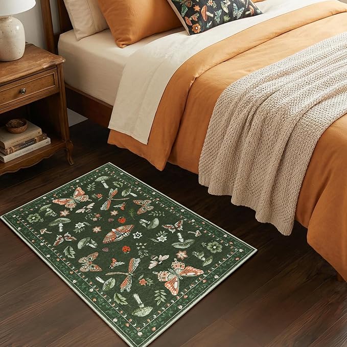 Mushroom Whimsical Cottage Core Small Rug 2x3 Washable Door Mat Indoor Rugs for Entryway Non-Slip Soft Insect Bug Butterfly Funky Decor for Bedroom Kitchen Olive Green