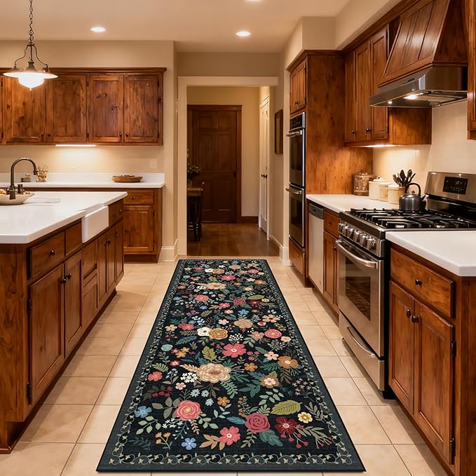 Washable 2'6" x 8' Runners for Hallways, Non Slip Long Floor Runner for Kitchen, Entryway Indoor, Stain Resistant Rubber Backing Floral Décor Rug (Black)