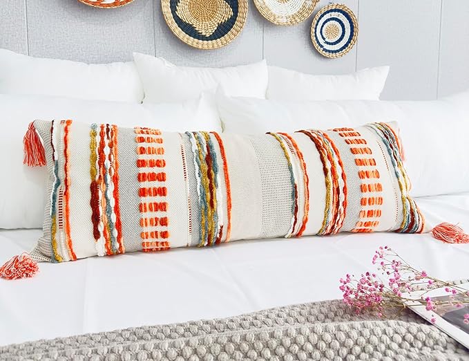 Chenille and Cotton Long Pillow for Bed, Striped Textured Boho Lumbar Throw Pillow Cover 16x36, Neutral Accent Decorative Extra Long Body Pillow Case for Couch, Sofa, Bedroom, Red