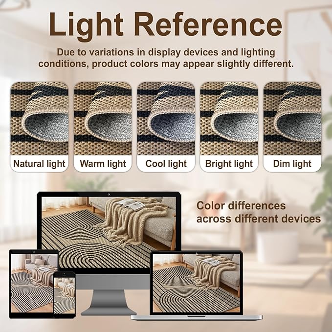 Outdoor Rug 4x6, Easy Jute Rug Non-Slip Indoor Outdoor Carpet, Washable Floor Mat Modern Black Striped Area Rug for Living Room, Bedroom, Patio, Dining Room, Office Area, Black