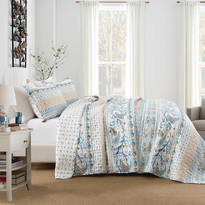 Boho Style Queen Quilt Set Reversible Bohemian Paisley Teal Quilt Beddding Set, Soft and Lightweight Bedspread for All Season, Full Size Bed Coverlet with 2 Matching Pillow Shams (3 Pieces)