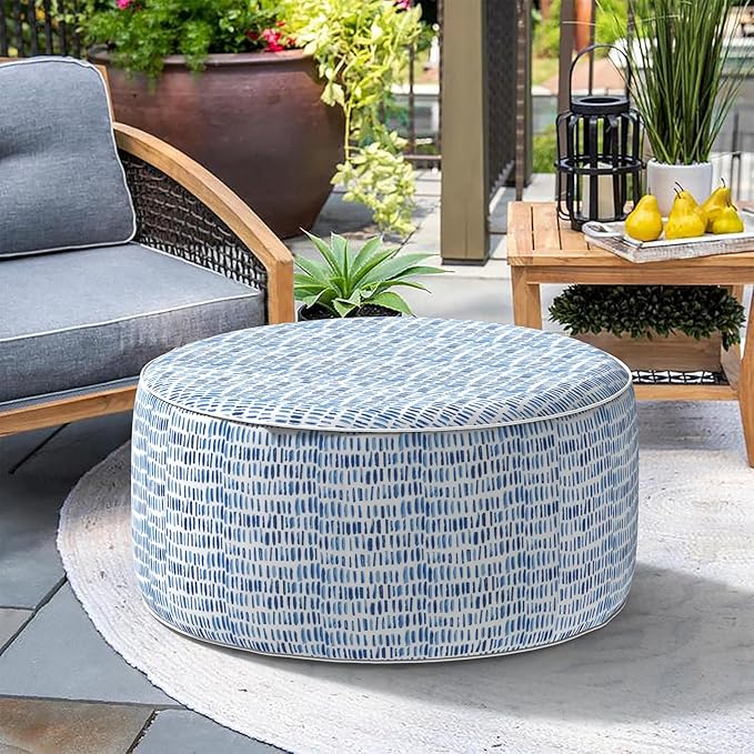 Indoor/Outdoor Inflatable Ottoman, All Weather Ottoman Pouf D31 x H14 inch, Round Foot Rest Ottomans, Portable Footstool for Patio, Garden, Porch, Home, Pebble Blue