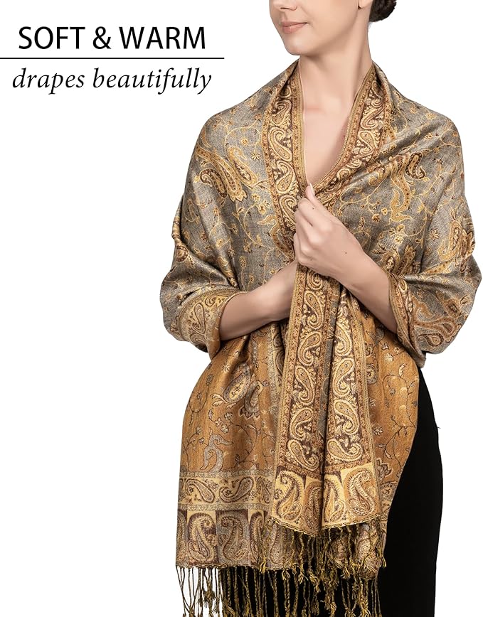 Achillea Reversible Paisley Pashmina Rave Scarf – Exotic Indian Shawls and Wraps for Evening Dresses, Festivals, All Seasons