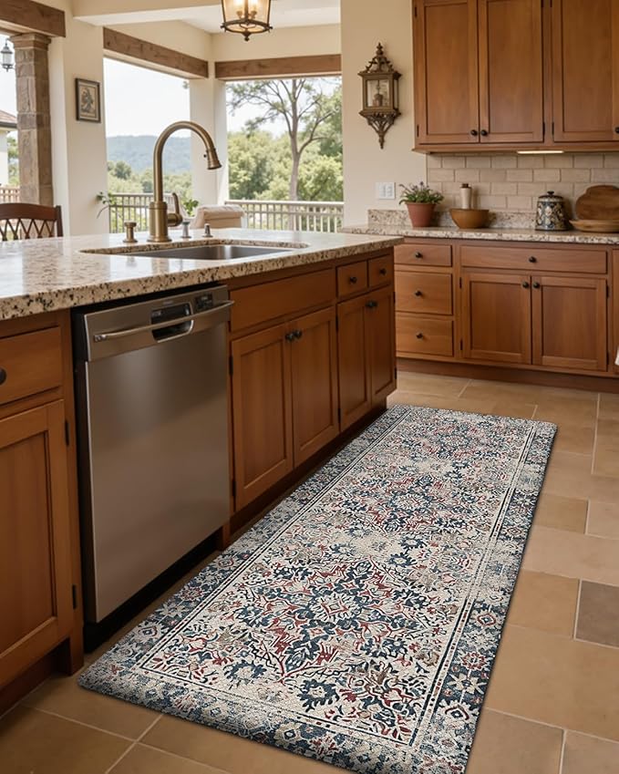 DEXI Kitchen Mats for Floor Cushioned, 23x59 Wide Runner Rug Non Slip, Waterproof Soft Comfort Standing Padded Anti Fatigue Decorative, Blue Red