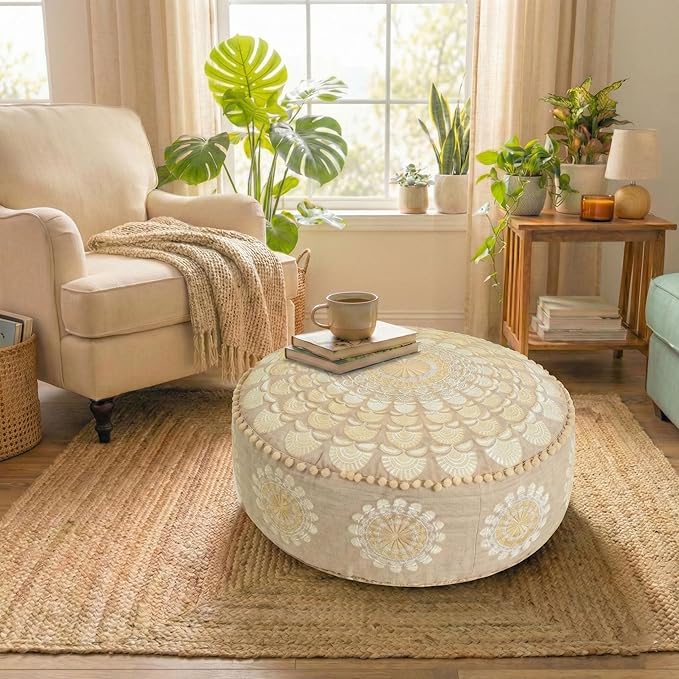 Mandala Life ART Bohemian Pouf Ottoman Cover 24x8- Luxury, Artisan Room Décor Pouffe for Meditation, Yoga, and Boho Chic Seating Area Stool Floor Pillow Case – Accent Your Living Room, Bedroom