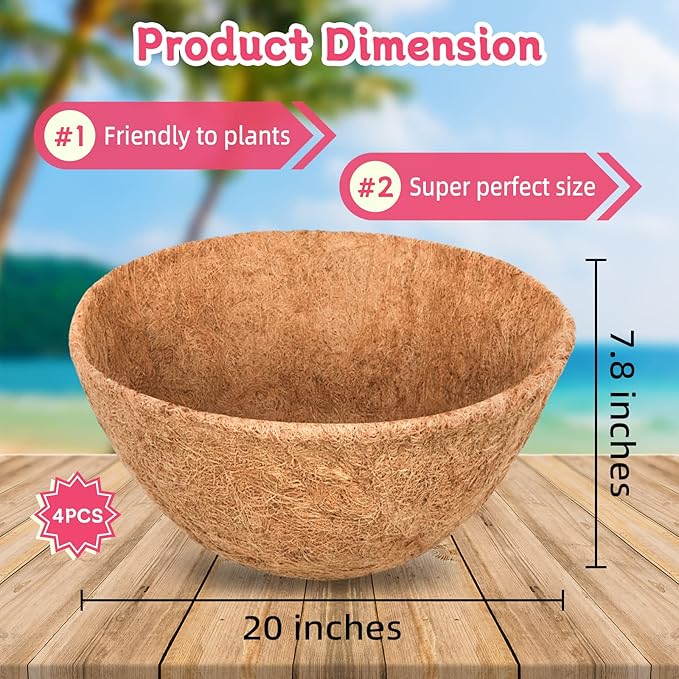 Riare 4 Pack 20 Inch Round Coco Liners Replacement, 100% Natural Coconut Coir Liners for Hanging Baskets, Garden Flower Vegetables Planter Pot, Window Box, Fence, Decks
