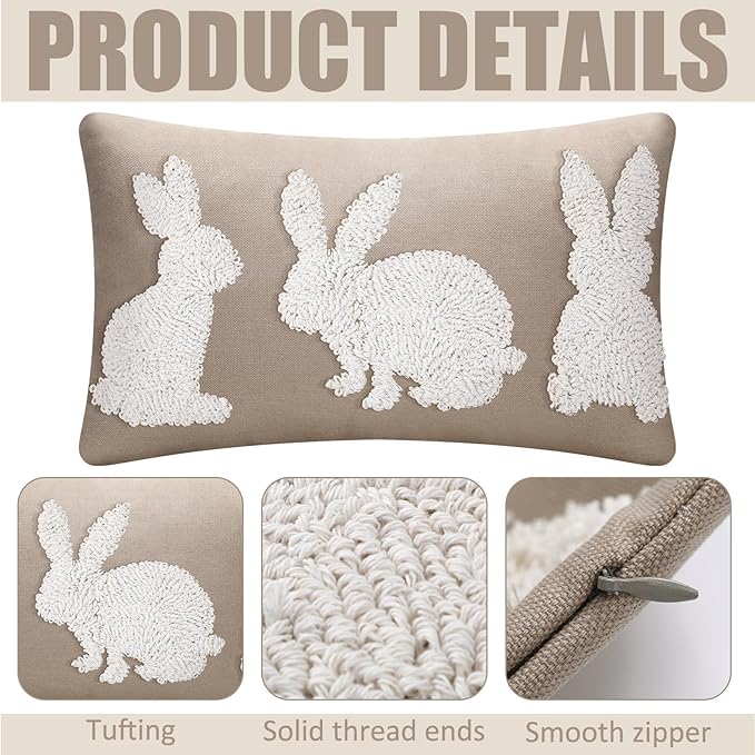 Mixweer Easter Pillow Covers 12 x 20 Inch Bunny Pillow Covers Neutral Easter Bunny Decor Neutral Tufted Embroidery Decorative for Home Living Room Bed Decor