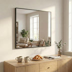 30''x30'' Square Black Bathroom Mirror, Matte Metal Framed Wall Mirror, Modern Geometric Vanity Mirror for Double Sink, Farmhouse Decor, Flush Mount