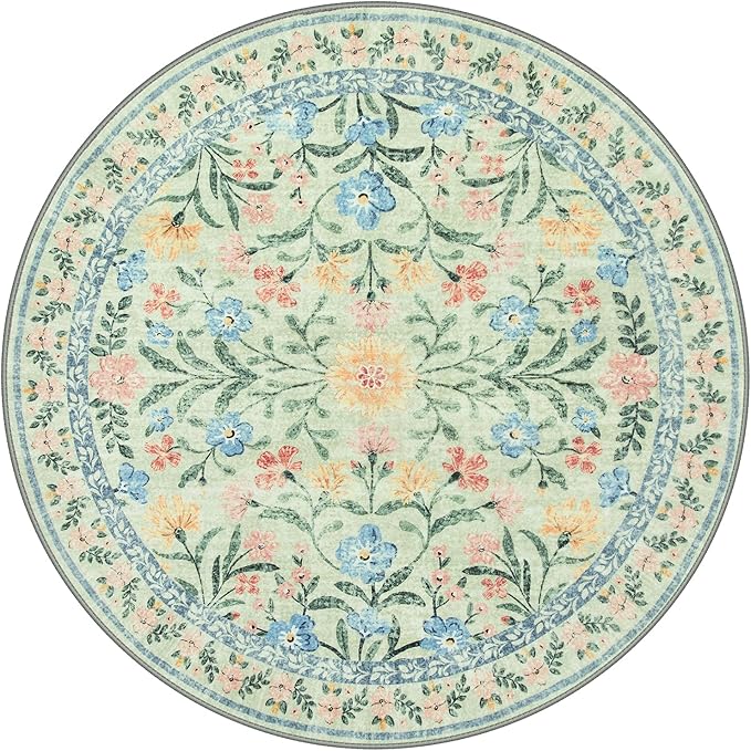 Lahome Sylvie Green Round Rug for Bedroom 4ft, Sage Washable Small Kids Bathroom Circle Rug, Boho Nursery Circular Carpet Girl, Soft Non-Slip Carpet for Kids Room Sunroom