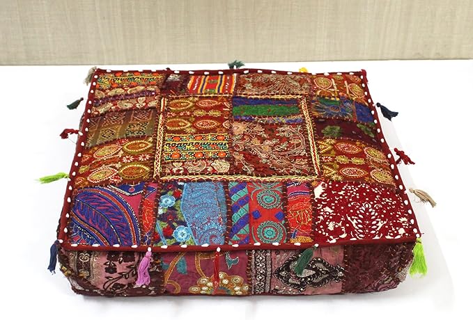Mam Treasures Indian Bohemian Decorative Pillow Vintage Cushion Cover Patchwork Square Floor Pillow Cover Meditation Cushion Large Floor Pillow Indian Cushion (Brown, 18 X 18 X 5 Inch)