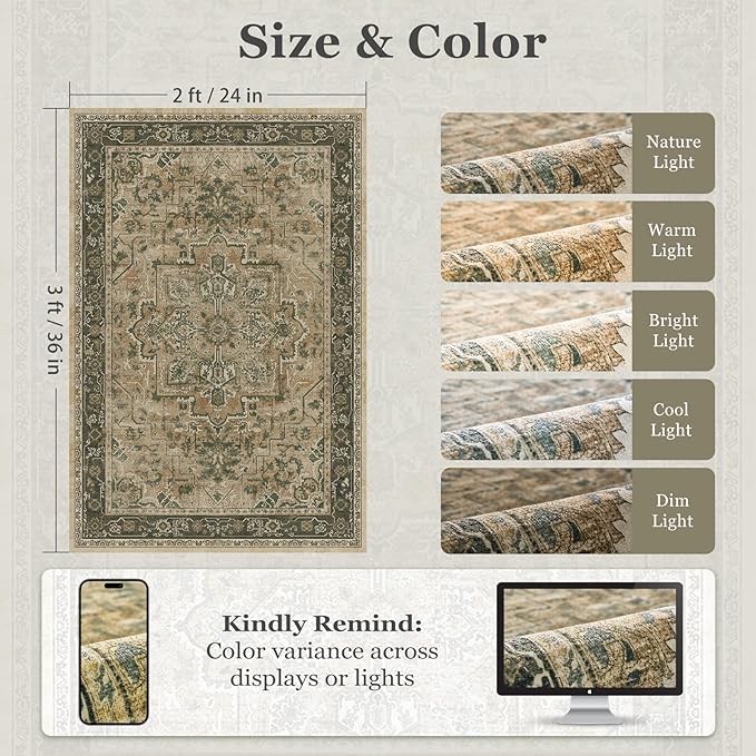 Vintage Distressed 2x3 Kitchen Rugs Washable Non Slip, Moody Medallion Door Mat Indoor Entrance Entryway, Small Low Pile Rugs for Bedroom/Bathroom Vanity/Laundry Room, Multi Brown/Olive Green