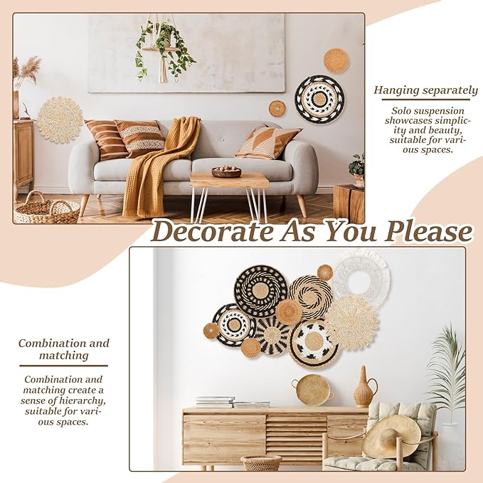 HJJWNDDNG 11 Pack Boho Wall Basket Decor Set, Hanging Woven Seagrass Rattan Wicker Boho Wall Decor, Round Farmhouse Wall Hanging Baskets Rustic Flat Wall Art for Living Room Bedroom Kitchen (Style 6)