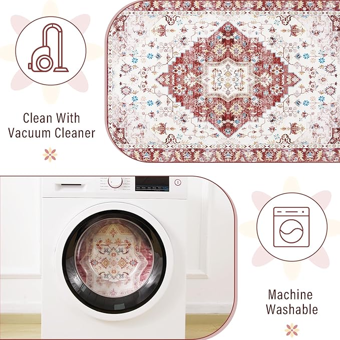 Amearea Vintage Design Area Rugs for Living Room, 5x8 Machine Washable Floral Collection Traditional Bedroom Rug, Low Pile Cute Kids Room Print Carpet, No Slip Office Kitchen Home Decor, Red
