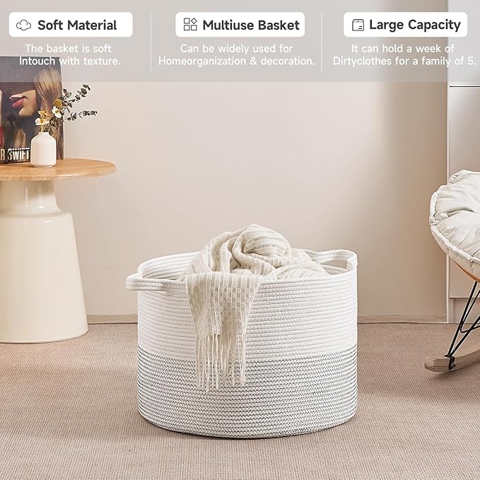 CLHMILY&Z Large Storage Basket - 20x13 Inches - Blanket Basket for Living Room, Woven Storage Basket, Large Laundry Basket for Clothes, for Tree Plant, Mix White