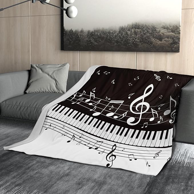 Music Blanket Soft Flannel Lightweight Abstract Piano Black White Throw Blanket Cozy Warm Blankets All Seasons Living Room Decor for Music Lovers Use On Couch Bed Sofa Office 50x60 inch