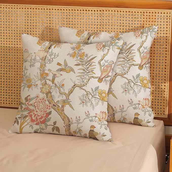 Chinoiserie Pillow Covers 18x18 Set of 2 Yellow Floral Bird Throw Pillows Green Vintage Flowers Bird Decorative Pillowcase Outdoor Chinoiserie Decoration Farmhouse Cushion Case for Couch Home