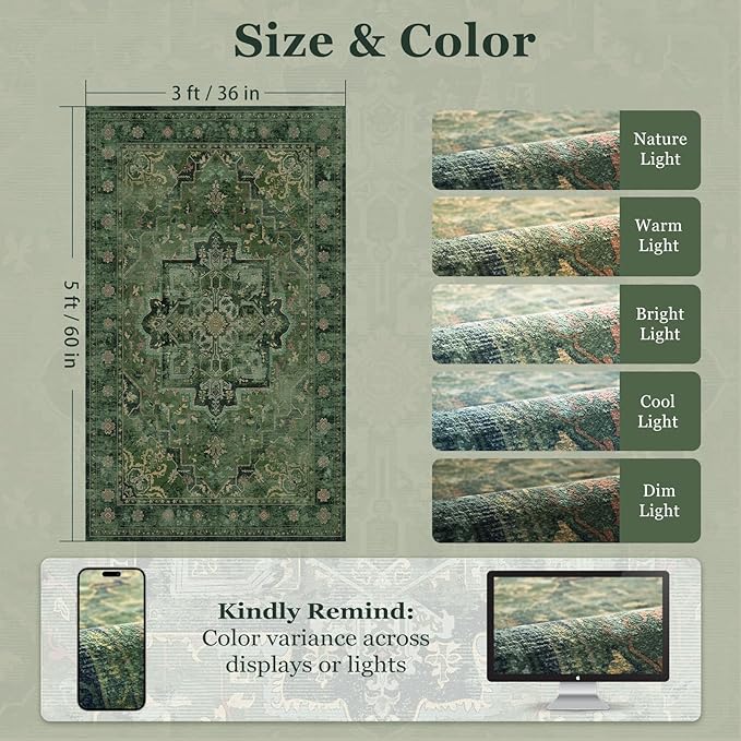 Dark Green Vintage Entryway Rug 3x5, Tranditional Medallion Distressed Throw Rug for Bedroom Bedside, Washable Non Slip Low Pile Small Area Rug for Living Room/Kitchen/Bathroom/Dorm/Closet