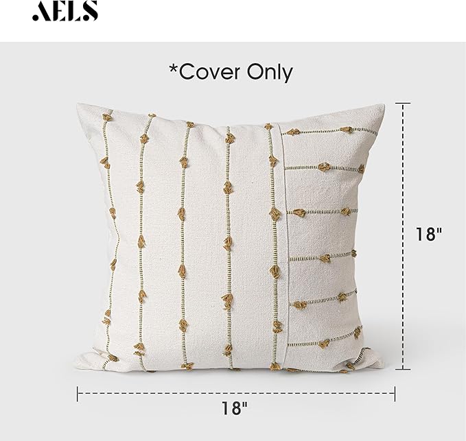 AELS 18x18 Decorative Boho Linen Throw Pillow Covers, Modern Farmhouse Textured Pillow Case, Set of 2, Tufted Stitch Stripe Cushion Cover for Bed Sofa Couch Living Room (Cover ONLY), Brown