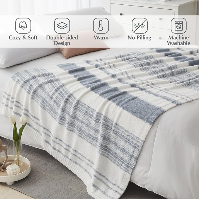 WRENGONGE Grey Blue Throw Blanket, 60x80 Soft Cozy Striped Throw Blankets for Couch, Sofa, Bed, Travel, Lightweight Fluffy Warm Plush Decorative Blankets for Women, Men Gift