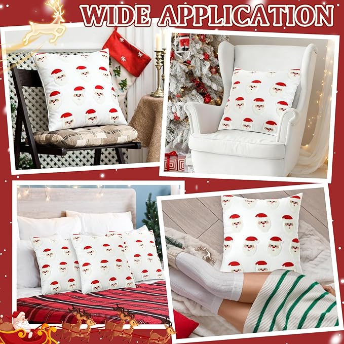 2 Pcs Christmas Tufted Throw Pillow Covers 18 x 18 Inch Cute Santa Claus Soft Dutch Velvet Pillowcase Xmas Red White Square 3D Embroidery Cushion Cover Winter Holiday Decor for Sofa Couch Bed