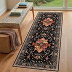 Area Rugs 3'x7' Runner Rug Non Slip Washable for Kitchen Hallway Bedroom Beside Laundry Room Bathroom Rug, Floor Carpet, Black Colorful Floral Dark Tan
