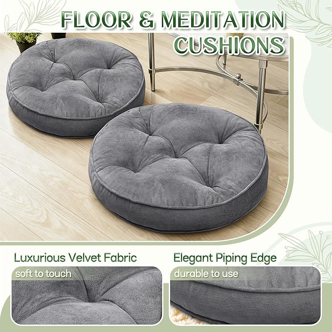 Floor Pillow Set of 2, Memory Foam Meditation Cushion, Floor Cushions for Adults Sitting, Large Round Seat Cushions for Yoga, Living Room, 20x20 Inch (Round | Grey)