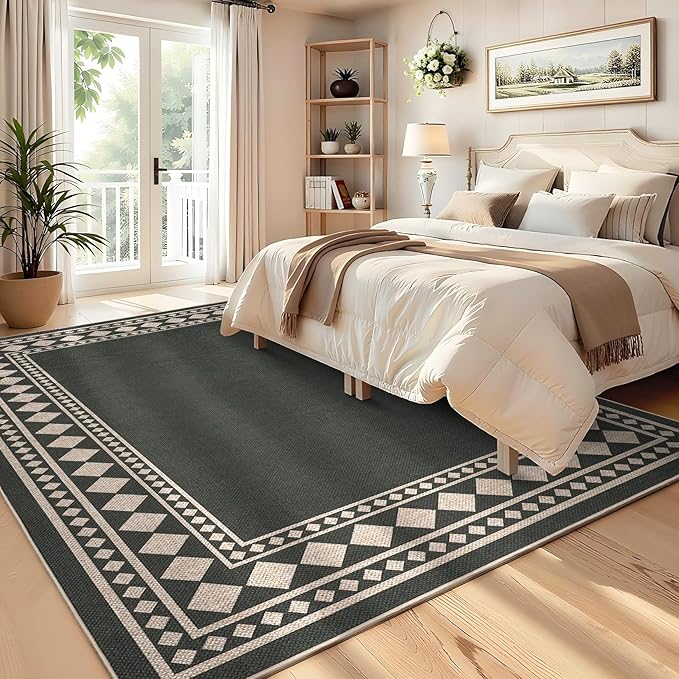 GarveeHome Easy Jute Rug 8x10 Washable Jute Rugs for Living Room, Non-Slip Outdoor Rug for Patio, Modern Indoor Solid Bordered Rugs for Dining Room Table Bedroom Patio Farmhouse, Black