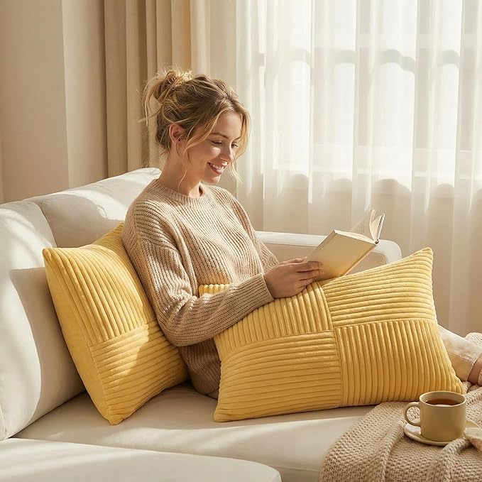 Fancy Homi 2 Packs Yellow Long Lumbar Decorative Throw Pillow Covers 12x24 Inch for Couch Bed Sofa, Rustic Farmhouse Boho Home Decor, Soft Striped Corduroy Rectangle Accent Cushion Case 30x60 cm
