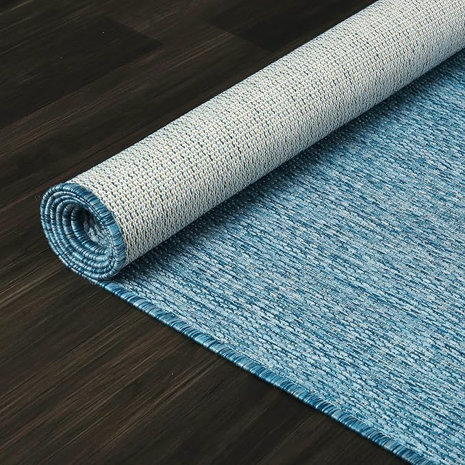Washable Indoor Outdoor Rug Weather Resistant Carpet Modern Solid for Porch Deck Balcony Backyard Patio Rug 10x14 Aqua Blue