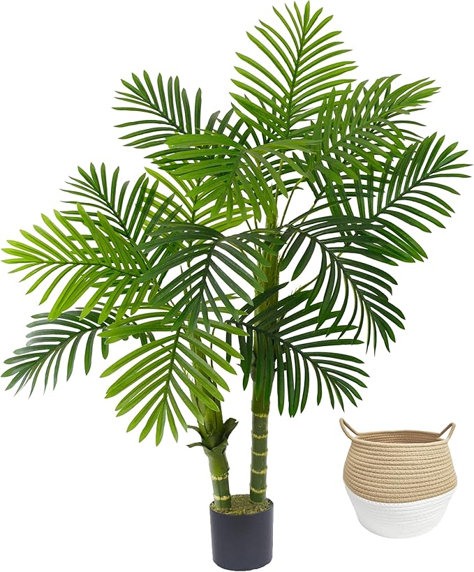 Artificial Palm Tree, 4ft Golden Cane Fake Palm Plant with Basket, Phoenix Palm UV Resistant Faux Plants for Indoor Outdoor Home Garden Patio Office Décor