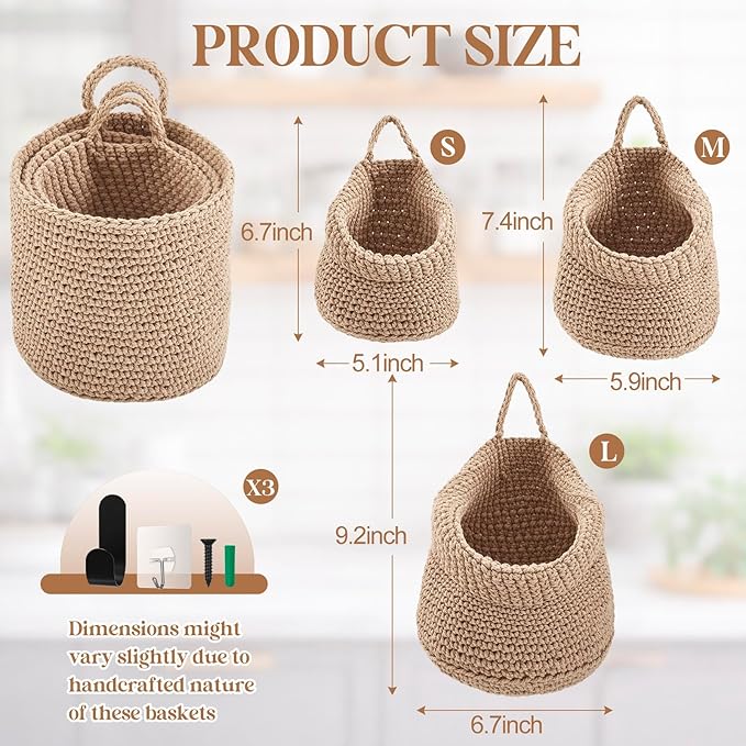 Honeydak Boho Decor Hanging Wall Baskets for Kitchen 3 Pack Teardrop Baskets with Hooks Storage Fruit Onion Vegetable Potato for Home 3 Sizes(Light Linen,Barrel,Cotton Rope)