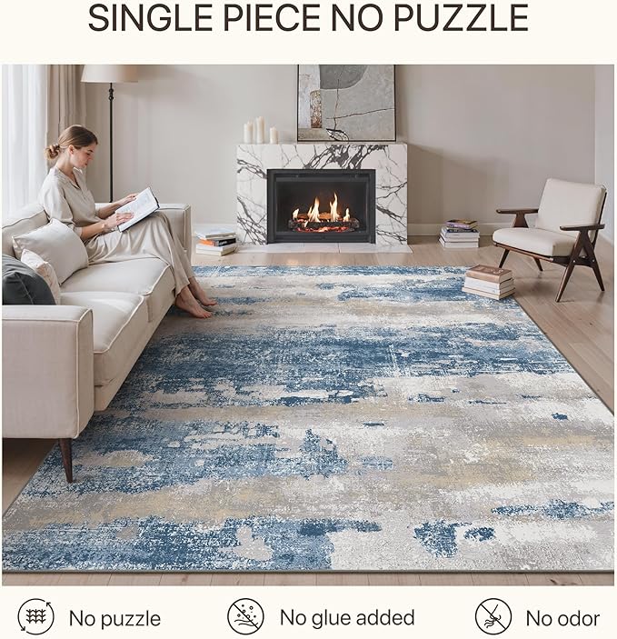 GENIMO No Crease Non Slip 6x9 Area Rugs for Living Room, Craft Woven Modern Rug, Soft Floor Carpet, Single-Piece Rugs for Bedroom, Dining Room, Office, Blue