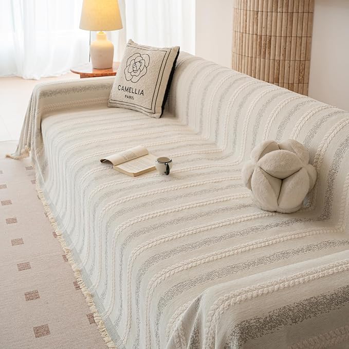 VClife Chenille Sofa Cover Bohemian Striped Pattern Couch Cover for Oversized Sofa - Cream and Gray Textured Sofa Slipcover Washable Furniture Protector for Couch Decorative Couch Cushion Cover