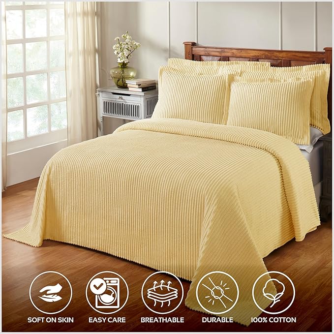 Better Trends Chenille Bedspreads Full/Double Size, Yellow 100% Cotton Chenille Stripe Design Tufted Bedding Coverlet Soft Lightweight, 96"x110" with 2 Sham, 3 Pieces Set Jullian Collection