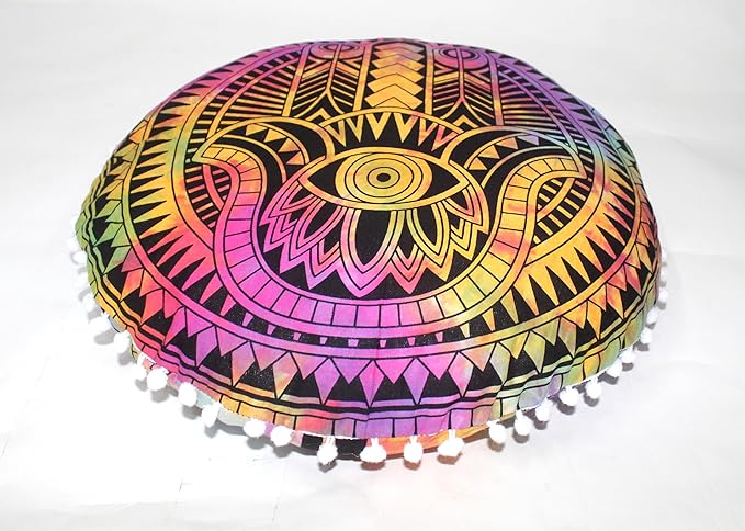 CRAFT KALA Large Round Bohemian Floor Pillow Pouf Cover Mandala Meditation Room Pillow Cover for Adults Boho Seating Poufs Cushion Cover for Kids Playroom Multi Hamsa 32" Round