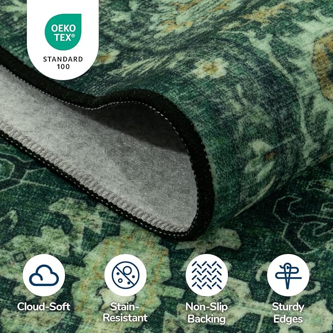 Lessymo 5x7 Washable Area Rug with Non Slip Backing,Soft Boho Indoor Carpets for Living Room Bedroom Nursery, Kid and Pet Friendly, Green