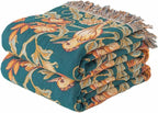 Boho Throw Blanket Twin Size, Soft Cozy Cotton Muslin Quilt Blanket for Bed Decor, Floral Patterned Couch Sofa Chair Cover, Vintage Farmhouse Cottage Tapestry Woven Blanket, Green&Orange