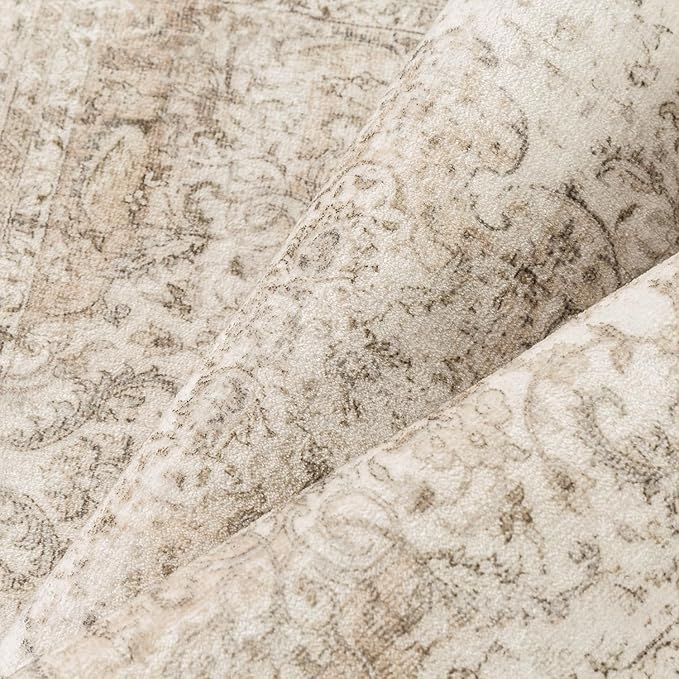 3x5 Washable Beige Area Rug Vintage Entryway Office Carpet Non-Slip Soft Low Pile Distressed Throw Rug for Entrance Living Room Bathroom Dining Room