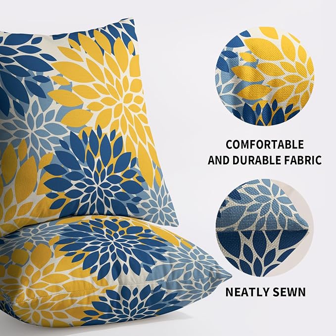 Blue Yellow Pillow Covers 20X20 Inch Set of 2, Dahlia Flower Spring Summer Floral Cream Decorative Throw Pillow Covers Outdoor Modern Farmhouse Cushion Case for Home Couch Sofa Bed Decor