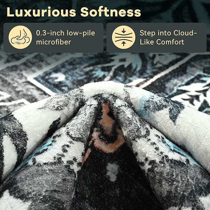 YJ.GWL Area Rugs for Living Room 6x9 Machine Washable Rugs, Non Slip Floral Vintage Rug Indoor Carpet, Stain Resistant Large Rug for Bedroom Dining Room, Black Grey Blue