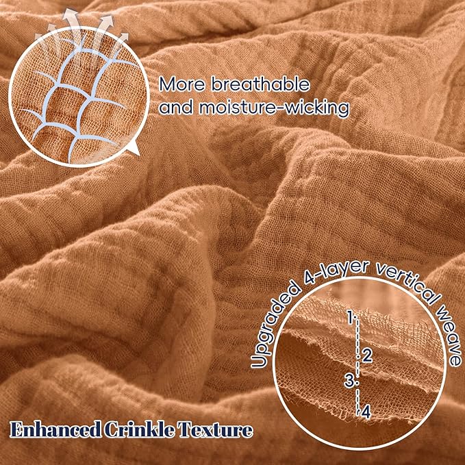 PHF 100% Cotton Muslin Blanket Twin XL Size 66"x90", 4-Layer Lightweight Gauze Throw, Breathable Cloud-Soft Minimalist Blanket for Bed, Couch, Camping & Baby, Caramel, Ideal Gift