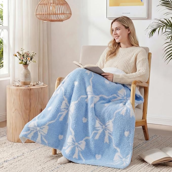 WRENSONGE Throw Blanket Diamond Bowknot Blue Soft Cozy Fluffy Warm Throw for Couch Sofa Bed Camping Picnic Travel Lightweight - 50"*60"