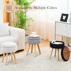 Round Foot Stool Ottoman with Storage Footrest with Wood Legs Cotton Knitted Vanity Stool Tray Top Coffee Table Multifunctional Upholstered Footstool for Living Room Bedroom White