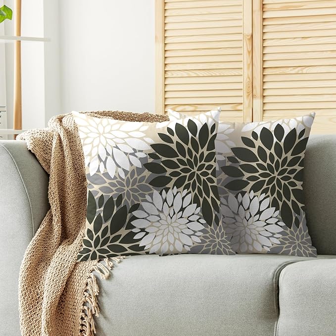 Olive Green White Grey Gray Pillow Covers 16X16 Inch Set of 2, Spring Modern Geometry Dahlia Floral Print Decorative Throw Pillow Covers Outdoor Farmhouse Cushion Case for Couch Sofa Bed Decor