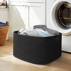 Black Basket for Blankets, 75L Large Woven Blanket Storage for Living Room, Cotton Rope Baskets for Organizing, Kids Dog Toy Bin Box, Rectangle Pillow Holder Organizer, 22”x17”x12”