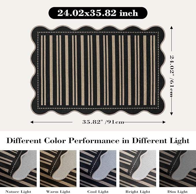 Striped Easy Jute Entryway Rug, 2x3 Black Indoor Outdoor Doormat, Washable Small Kitchen Rug Non Slip Farmhouse Scalloped Rugs for Front Door Entrance Bathroom