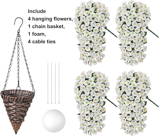 Artificial Fake Flowers Plants Hanging Baskets for Outdoor Outside Decor, Faux Silk Hanging White Morning Glory Trailing Vines UV Resistant for Porch Patio Home Decoration