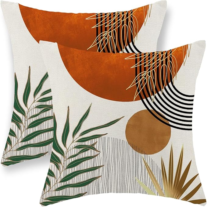 Boho Pillow Covers 16x16 Set of 2 Green Gold Orange Throw Pillows Tropical Leaves Sunset Modern Mid Century Decorative Pillowcase Outdoor Bohemian Linen Cushion Case for Couch Sofa Bed Decor